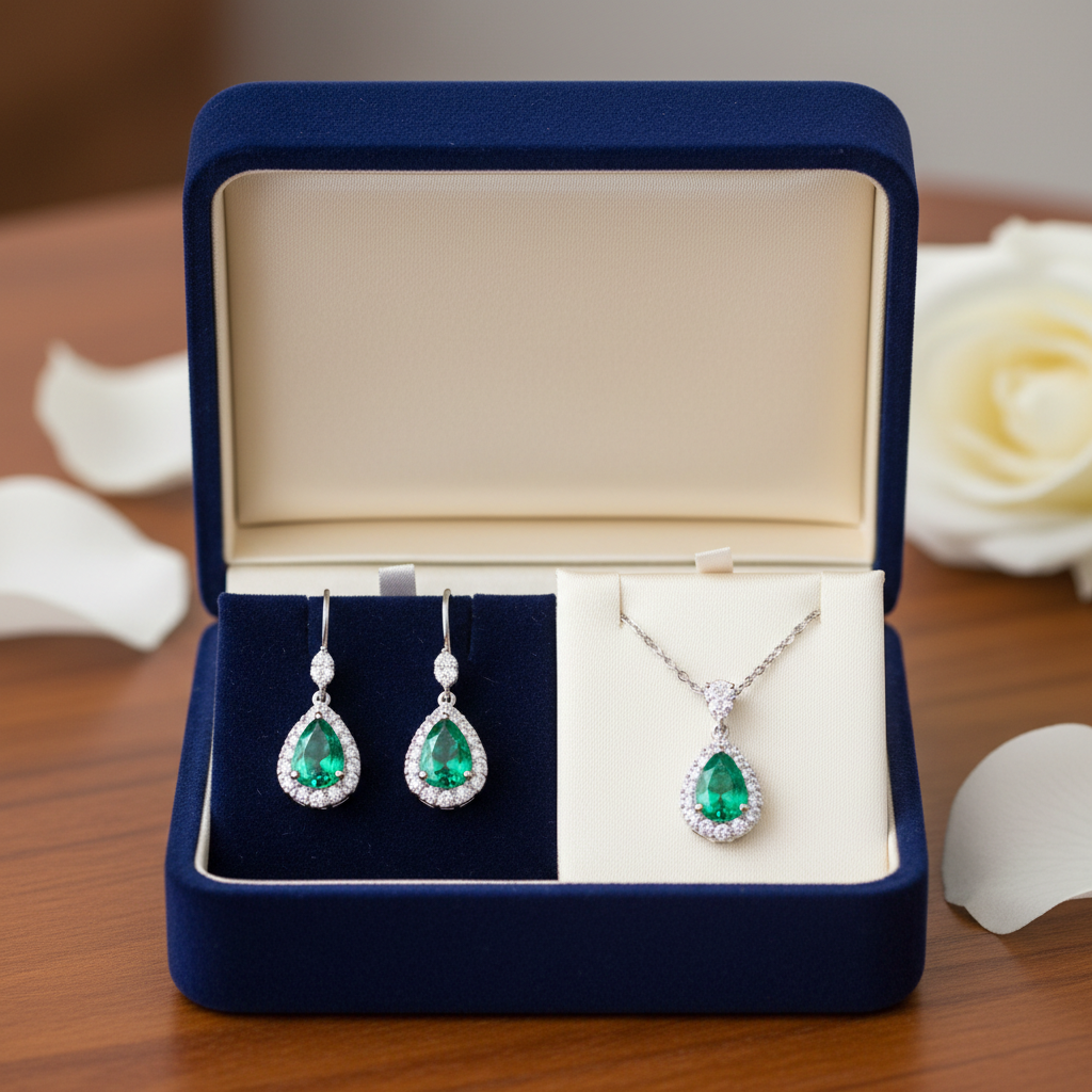 genera una imagen formato 1:1 de regalos tipo joyeria, es decir, cajas de regalode joyeria con aretes y collares en conjunto, que sea solo 1 caja