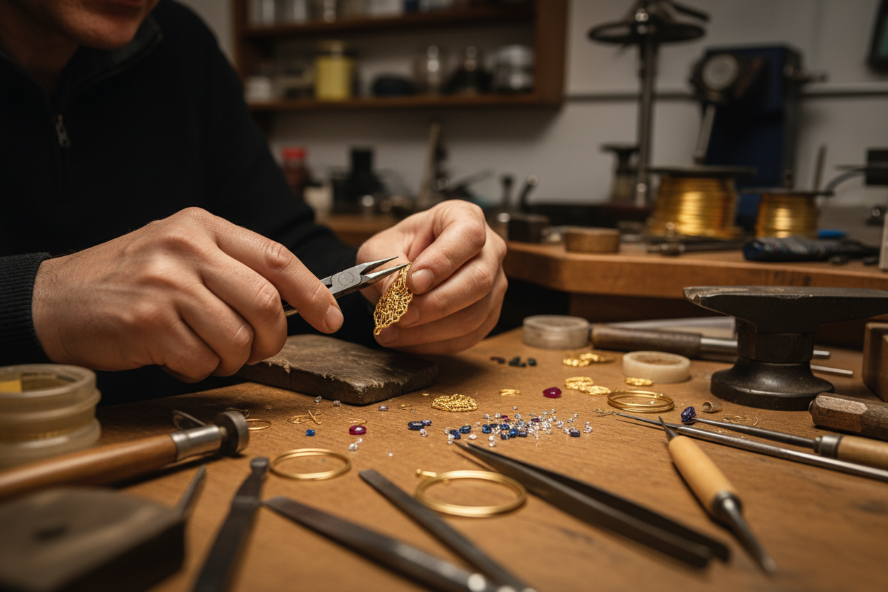Genera una imagenen formato banner, donde se vea las manos de un joyero (el que hace las joyas) fabricando joyas de oro