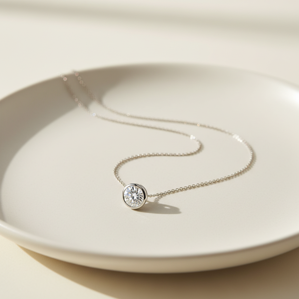 generar imagen de joyas de moissanita ,que se ve elegante y simple en formato 1:1 esto ira en la pagina de cuidado de joyas