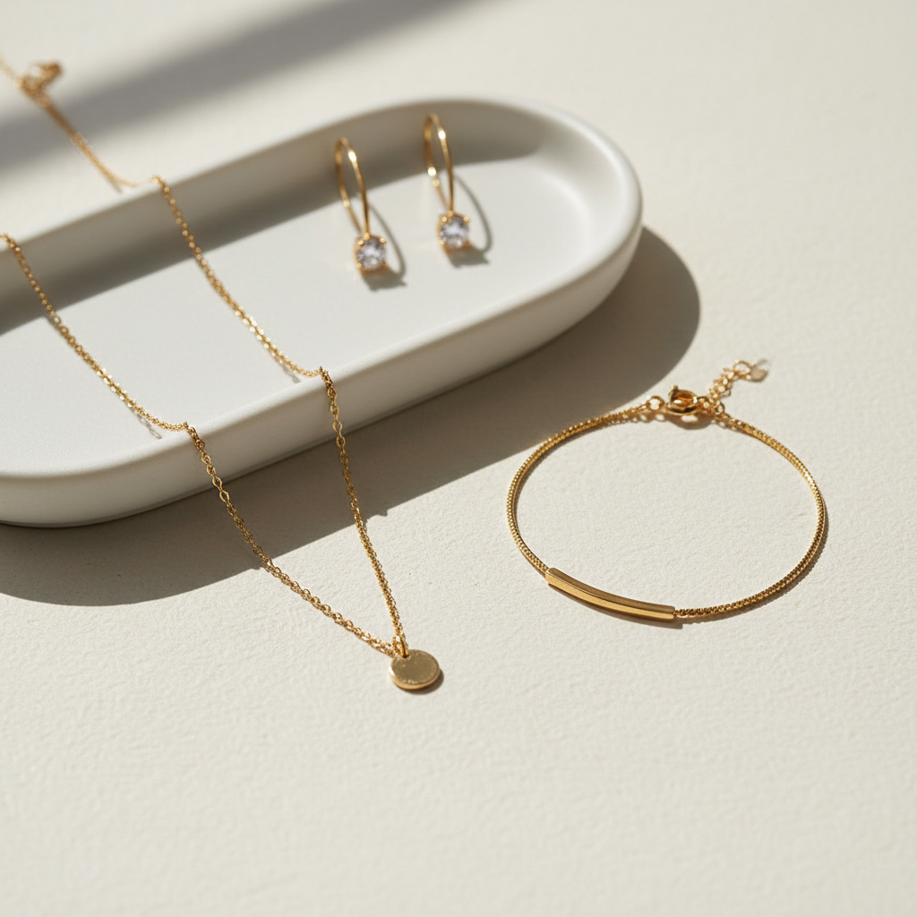 generar imagen de joyas de oro laminado,que se ve elegante y simple en formato 1:1 esto ira en la pagina de cuidado de joyas