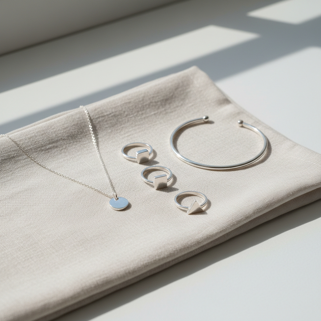 generar imagen de joyas de plata,que se ve elegante y simple en formato 1:1 esto ira en la pagina de cuidado de joyas